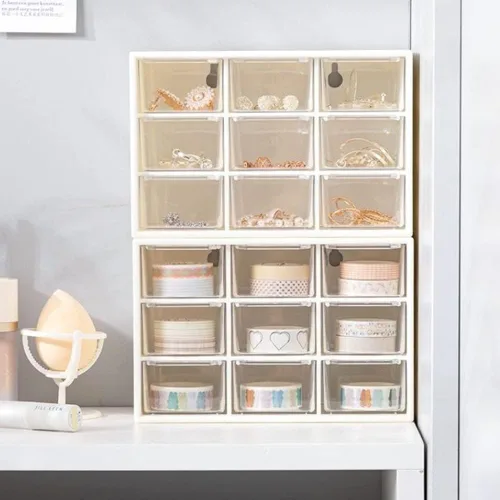 Miniatura 5 de Mini organizador de almacenamiento de plástico y bonitas calcomanías, mini organizador de cajones con 9 fundas de manualidades, organizador