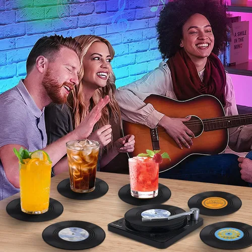 Miniatura 5 de Divertidos posavasos retro para bebidas con soporte para reproductor de vinilo, juego de 6 posavasos de elefante blanco para amantes de la música