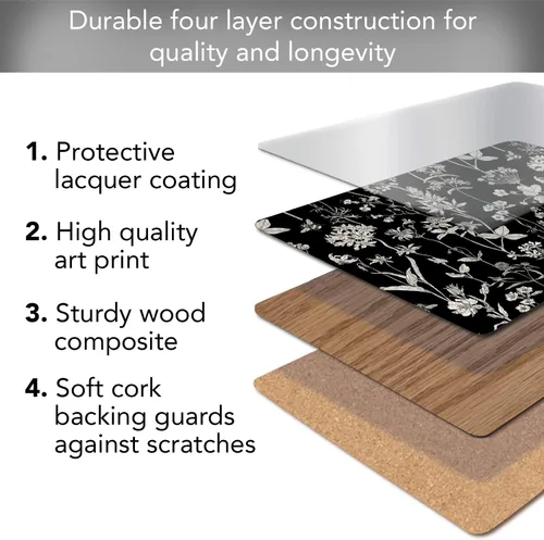 Miniatura 3 de Manteles Individuales Decorativos Premium de Tablero Duro para Mesa Jardín de Medianoche Negro y Blanco Paquete de 4 Fabricado en los Estados Unidos