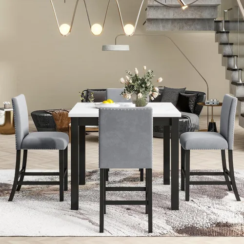Miniatura 3 de Merax Juego de mesa de comedor para 4, mesa de comedor de altura de mostrador con mesa de comedor de mármol sintético y 4 sillas de asiento