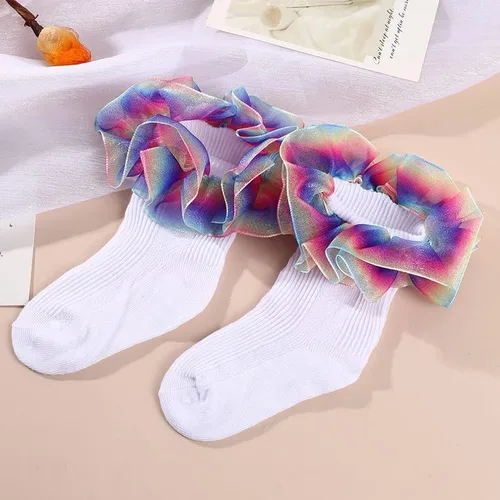 Miniatura 4 de Hopply Toddler Girls Double Lace Socks Turn Cuff Shimmering Big Ruffle Rainbow Style Dress Lace Socks for Infant Kids