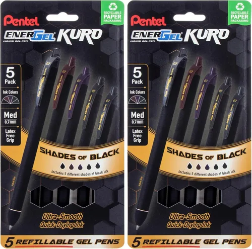 Miniatura 7 de Pentel EnerGel Kuro - Bolígrafo retráctil de gel líquido, Sombras de negro, punta de 0.7mm, tinta negra surtida, paquete de 5 bolígrafos (BL437PF5MA)