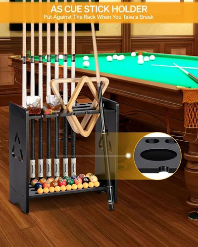 Miniatura 4 de Soporte para tacos de billar - Soporte de pie para mesa de billar de madera maciza de roble con capacidad para 9 tacos y organizador de accesorios