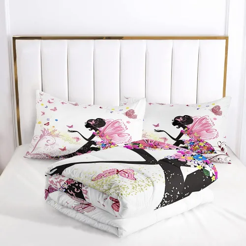 Miniatura 4 de Juego de edredón romántico para niña de hada, mariposa, flor, hada, para niños y adolescentes, tamaño individual, alas rosas en un vestido floral