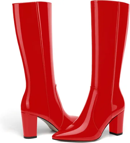 Miniatura 62 de AMBELIGHT Botas altas hasta la rodilla con cremallera y puntera puntiaguda para mujer, de patente sólida, tacón alto, 3.3 pulgadas