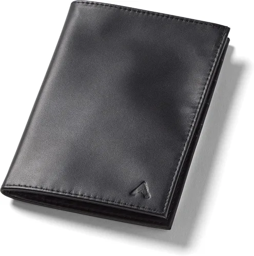 Allett Cartera para pasaporte, color negro, cuero, plegable delgado, minimalista, bolsillo frontal, bloqueo RFID, capacidad para 2-10 tarjetas y