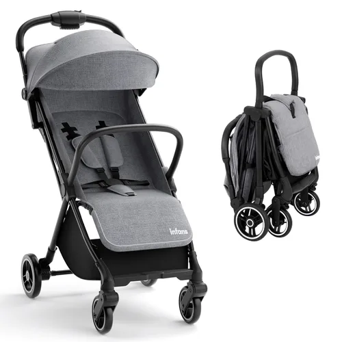 Miniatura 10 de INFANS Cochecito de viaje plegable ultracompacto listo para avión, plegado por gravedad con una sola mano cerca del asiento reclinable plano, Negro