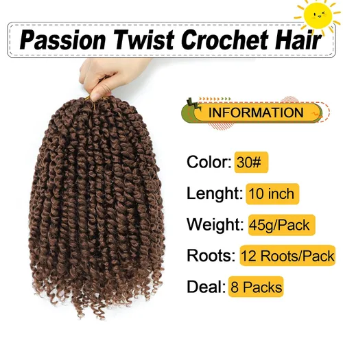 Miniatura 3 de Cabello Passion Twist de 10 pulgadas, 8 paquetes, cabello de ganchillo Passion Twist pretrenzado para mujeres negras, cabello rizado de ganchillo 30#