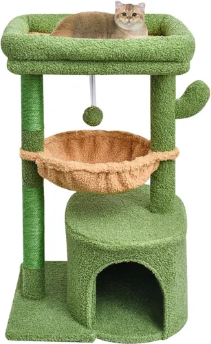 Miniatura 13 de SYANDLVY Árbol pequeño para gatos de interior, condominio para gatitos con poste rascador y tabla, torre de actividades moderna con cuna, beige