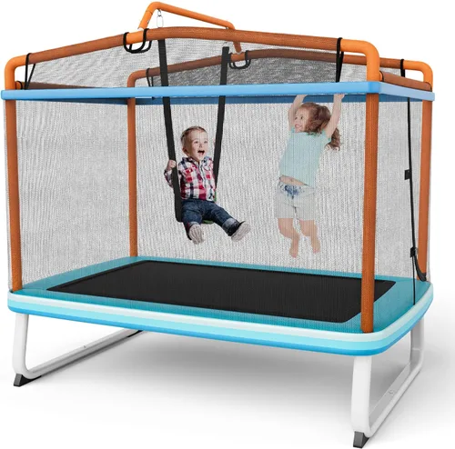GYMAX Trampolín para niños, trampolines recreativos aprobados por ASTM de 75 pulgadas con columpio, barra horizontal y red de recinto, mini
