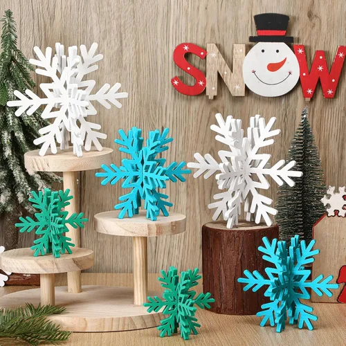 Miniatura 12 de Bucherry 12 piezas de decoración de mesa de copo de nieve de madera 3D con copos de nieve y centro de mesa para Navidad, invierno, decoración