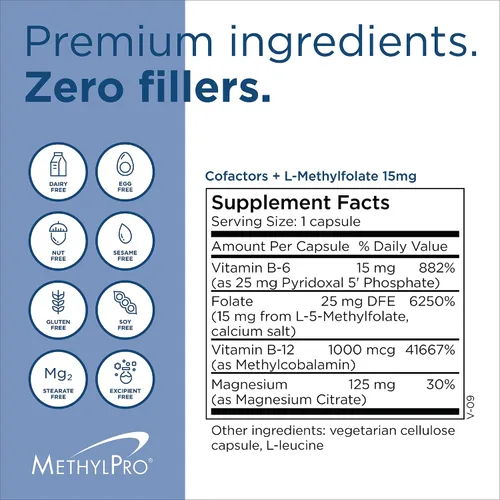 Miniatura 5 de MethylPro Cofactors + L-metilfolato de 15 mg - Apoya una mentalidad saludable - Vitaminas B6, B12 y magnesio - Folato activo para apoyo