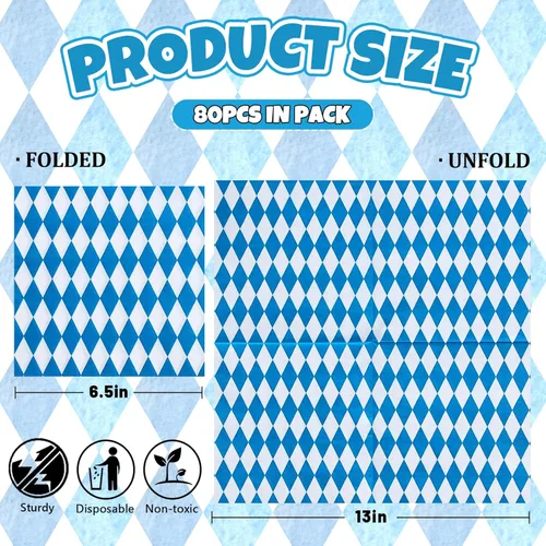 Miniatura 2 de Whaline Paquete de 80 servilletas de almuerzo Oktoberfest a cuadros azules y blancos, servilletas de papel desechables decorativas para postre