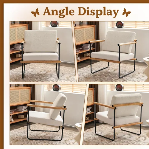 Miniatura 7 de Silla decorativa de tela Boucle de 29 pulgadas para dormitorio, sillón moderno para sala de estar, sillón de lectura tapizado con brazos de metal