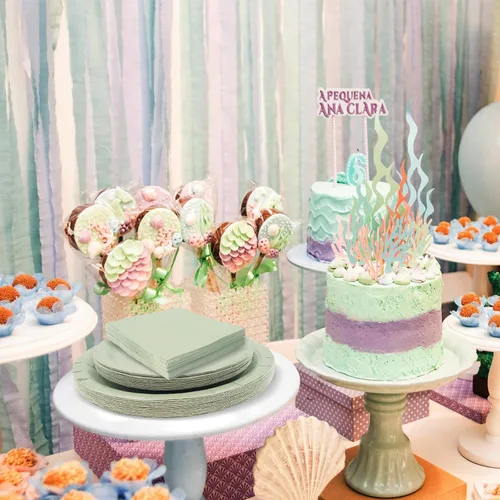 Miniatura 2 de Platos de papel verde salvia, 100 unidades, 50 platos de postre de papel verde salvia + 50 servilletas, platos desechables para fiesta de cumpleaños