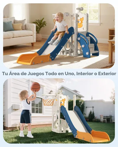 Miniatura 2 de BIERUM Tobogán para niños, juego de 6 en 1 para interiores y exteriores con aro de baloncesto, juego de golf y telescopio, juego de tobogán y Azul