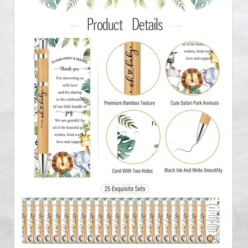 Miniatura 2 de Zhanmai 25 juegos de recuerdos de safari para baby shower, incluye bolígrafos de bambú y tarjetas de agradecimiento, bridas plateadas, selva