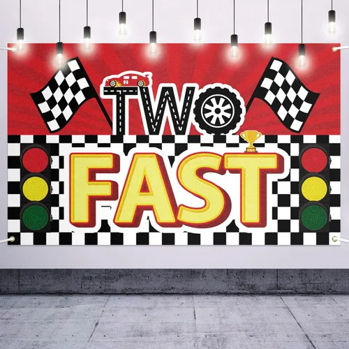 Cartel grande de 2º cumpleaños para niños con dos decoraciones rápidas, cartel grande de 2º cumpleaños con temática de carreras, cartel de