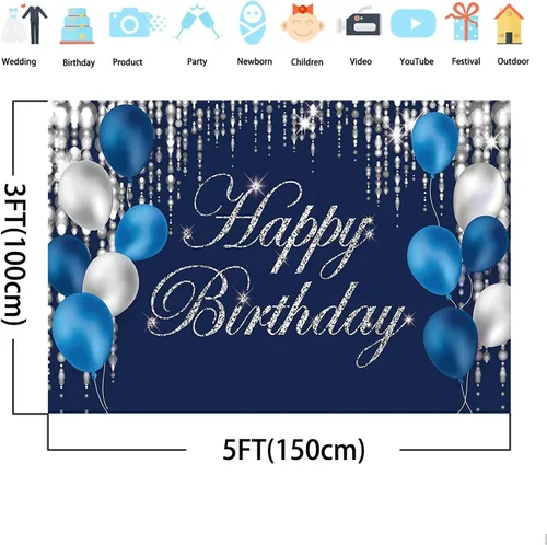 Miniatura 2 de Cartel de fondo de feliz cumpleaños azul marino y plateado para hombres, mujeres, fondo de fotografía de jubilación, suministros de decoración