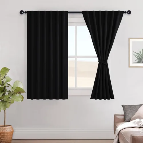 Miniatura 22 de Hiasan Cortinas opacas negras para dormitorio, cortinas opacas cortas de 45 pulgadas de largo, con aislamiento térmico, bolsillo para barra