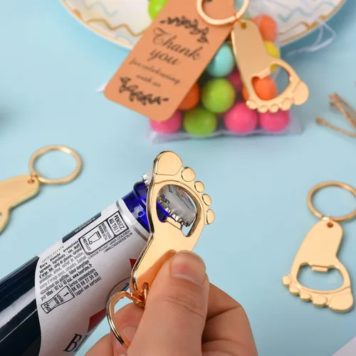 Miniatura 6 de 50 piezas de abrebotellas de huellas, recuerdos de baby shower para bebé invitado con llavero y bolsas de organza (dorado)
