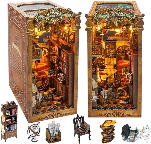 Miniatura 9 de Kit de casa en miniatura de bricolaje, kit de rincón de libro de estilo europeo, diseño de espejo ilusión, kit de casa de muñecas en miniatura