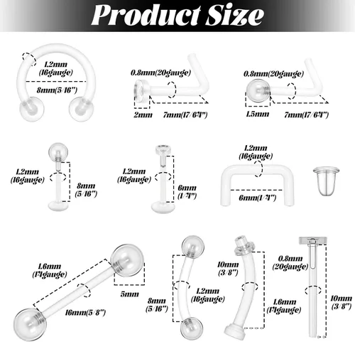 Miniatura 2 de 29 piezas de retenedores de piercing transparentes – Piercing de nariz transparente acrílico – aretes de nariz, aretes de tabique, juego de joyería