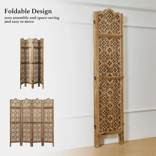 Miniatura 5 de Divisor de habitación plegable de 68.9 pulgadas, 4 paneles de pantallas de privacidad talladas en madera, partición decorativa ideal para el hogar