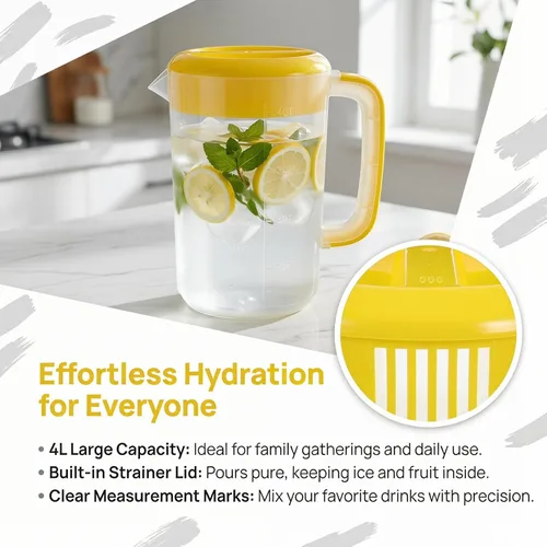 Miniatura 8 de Jarra de agua grande de plástico con tapa, jarra de agua para bebidas de 1 galón/4 L, jarra de colación inastillable con tapa redonda para jugo