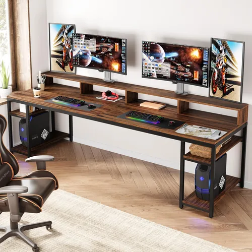 Miniatura 9 de Tribesigns Escritorio para Dos Personas con Soporte para Monitor, Escritorio de Oficina Doble para Computadora de 78.74" de Largo con Estantes