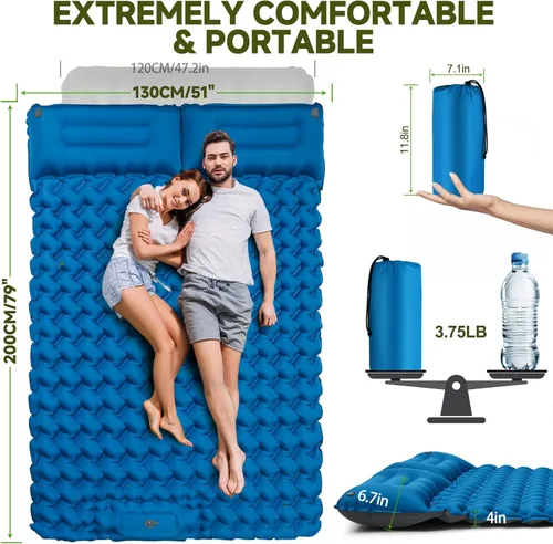 Miniatura 3 de Colchoneta de dormir doble para campamento, extra gruesa de 4 pulgadas, almohadilla inflable para 2 personas con bomba de pie y almohada integradas