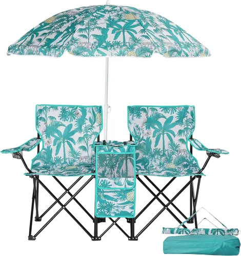 Silla de camping doble con paraguas, silla de playa plegable, sillas de dos plazas con toldo y bolsa enfriadora, silla doble basculante para