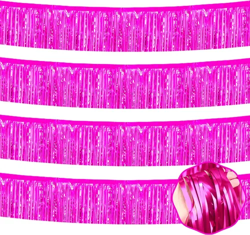 Miniatura 20 de Paquete de 4 guirnaldas de flecos de papel de aluminio negro de 10 pies con serpentinas metálicas de oropel para colgar en la pared, telón de fondo