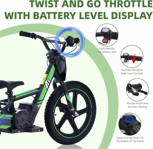 Miniatura 4 de Bicicleta eléctrica ligera AIII para niños, motocicleta eléctrica de 170/340W hasta 10/12MPH, batería desmontable de 24V, frenos duales operados a