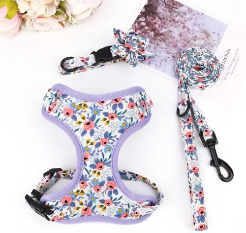 Miniatura 6 de Beirui Lindo juego de collares, arneses y correas para perro hembra, juego de collar y correa ajustable con flor - Arnés de malla suave para Azul