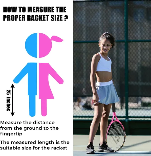 Miniatura 4 de AMA SPORT Raqueta de tenis para niños pequeños, kit de iniciación de raqueta de tenis de 17 a 25 pulgadas para niñas y niños con bolsa de nailon
