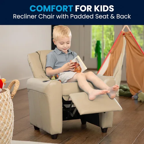 Miniatura 6 de Flash Furniture - Sillón reclinable contemporáneo para niños, color beige vinilo con base para vasos y reposacabezas