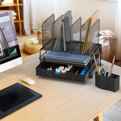 Miniatura 4 de Organizador de escritorio SimpleHouseware de malla con cajón deslizante, doble bandeja y 5 secciones verticales, color negro
