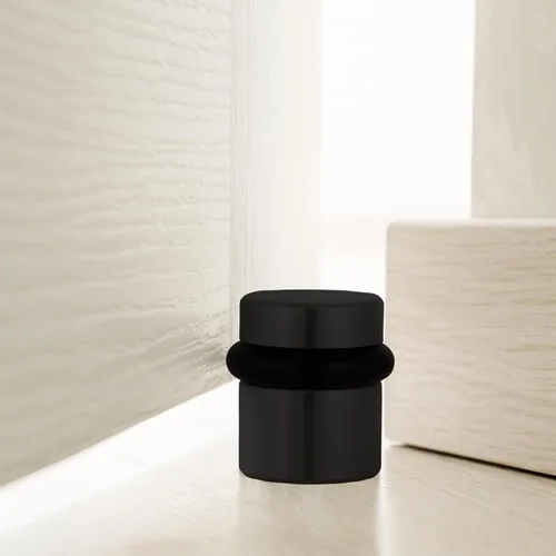 Miniatura 9 de Design House Paquete de 2 topes de puerta cilíndricos modernos montados en el suelo con parachoques de goma, negro mate, construcción de latón Mate
