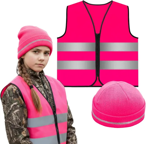 Miniatura 9 de Berlune Conjunto de 2 piezas de chaleco y gorro de caza para niños, ropa de caza reflectante, chalecos para senderismo nocturno al aire libre