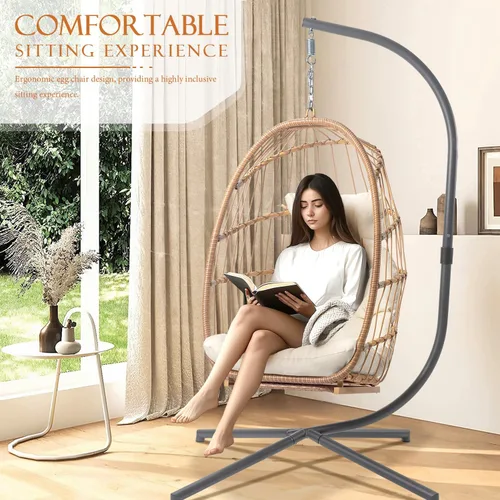 Miniatura 5 de Silla colgante de huevo con soporte y reposapiés para interiores y exteriores, sillas de huevo de patio, silla hamaca de mimbre, marco de acero