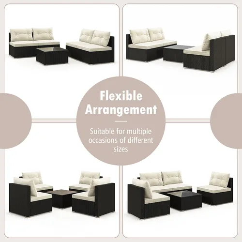 Miniatura 8 de Tangkula - Juego de sofá de ratán de 5 piezas, conjunto de muebles de mimbre para patio de Patiojoy con cojines de asiento y respaldo, mesa