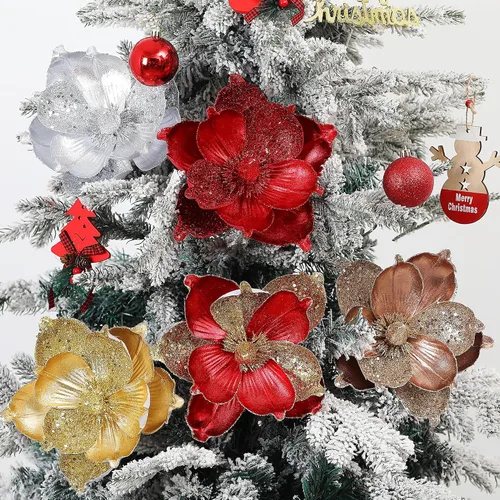 Miniatura 6 de Flores de Navidad grandes con purpurina de 10 pulgadas, 6 unidades, flores artificiales de magnolia de terciopelo, decoraciones para árbol