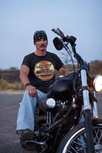 Miniatura 3 de Camiseta de moto Last Stop Biker Rider Route 66 Harley Vintage Mens Black Tee