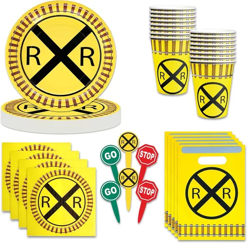 Havercamp 88 platos de ferrocarril y decoraciones de fiesta para 16 platos de 9 pulgadas, servilletas, tazas de 12 onzas, bolsas de botín, palillos