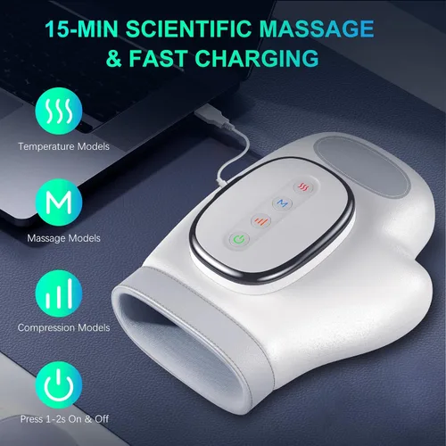 Miniatura 6 de Masajeador de Mano Profesional con Calor, Terapia de Compresión, 3 Masajes, 4 Temperaturas, 5 Niveles de Compresión, Guante de Alivio del Dolor