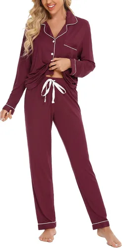Anjue Pijamas para mujer, conjunto de pijama suave con botones, camisa de manga larga y pantalones de pijama, conjuntos de descanso S-XXL