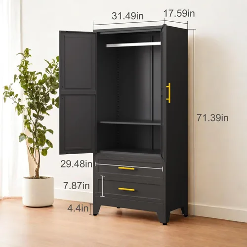 Miniatura 2 de PAOFIN Armario de metal negro de 71 pulgadas, armario de almacenamiento de ropa para dormitorio con 2 cajones y barra para colgar, armario