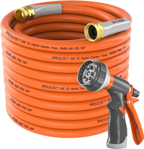 SPECILITE Manguera de jardín de 50 pies x 5/8 pulgadas, manguera de agua resistente, flexible y ligera, explosión de 600 psi, manguera de goma 5/8"