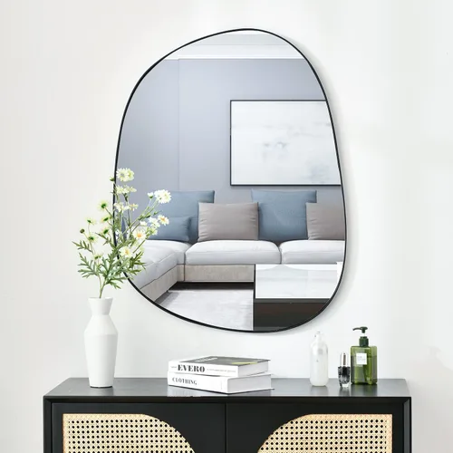 ELEHUME Espejo de pared asimétrico para decoración de 27 x 35 pulgadas, moderno espejo de pared con marco negro para sala de estar, baño, Negro mate